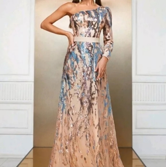 Multicolor,  Graphic Print,  Assymmetrical Neck,  Sequined Mermaid Gown - Picture 10 of 13